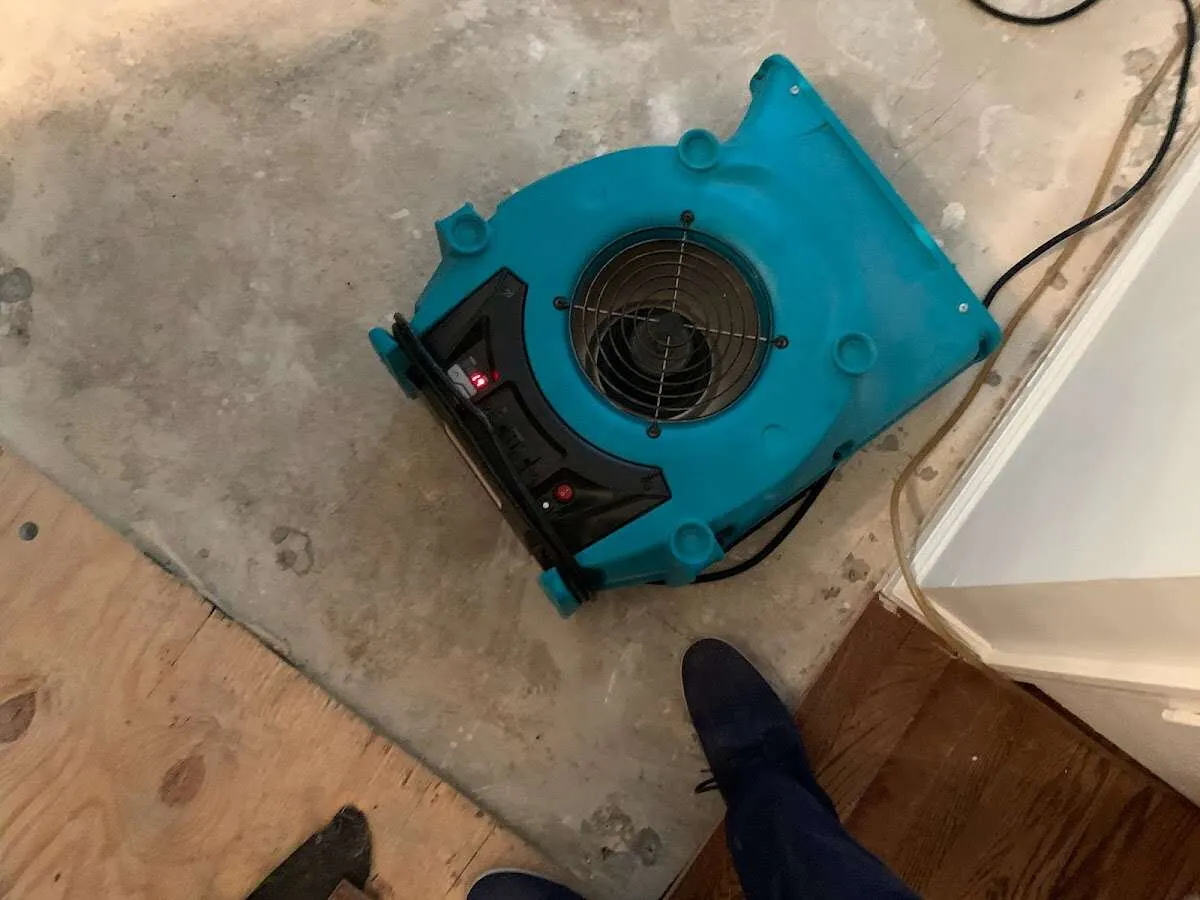 Air mover drying subfloor during Leak Detection & Repair in Sterling
